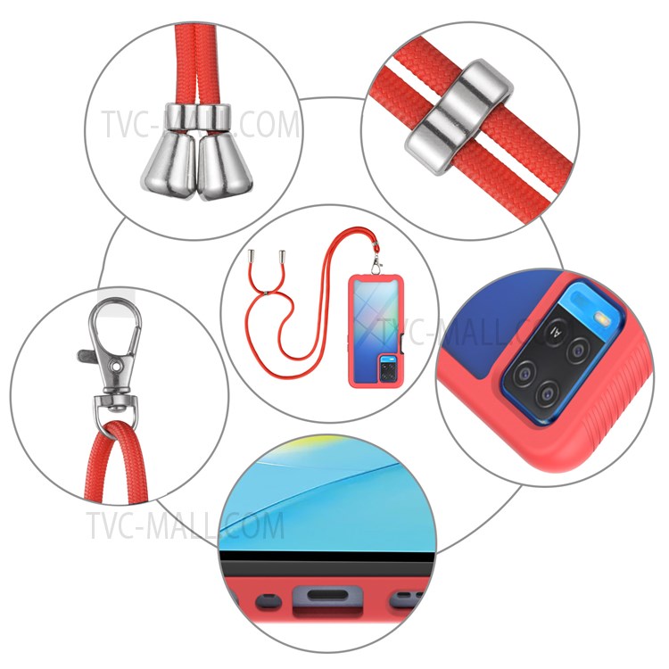 TPU+PC Hybrid Scratch-resistant Shockproof Phone Case Cover with Adjustable Lanyard for Oppo A54 4G - Red-4