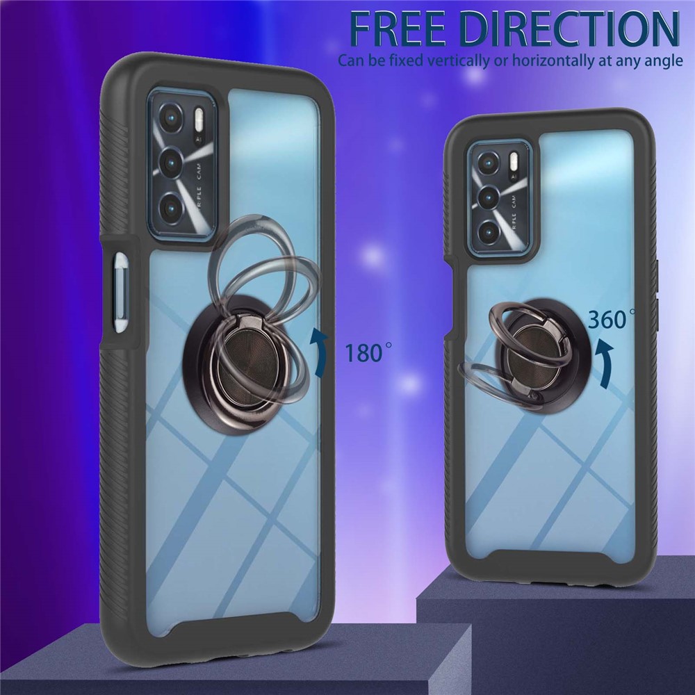Drop-proof Anti-scratch TPU+PC Phone Case Shell with Rotating Ring Kickstand for Oppo A16/A16s/A54s - Black-3