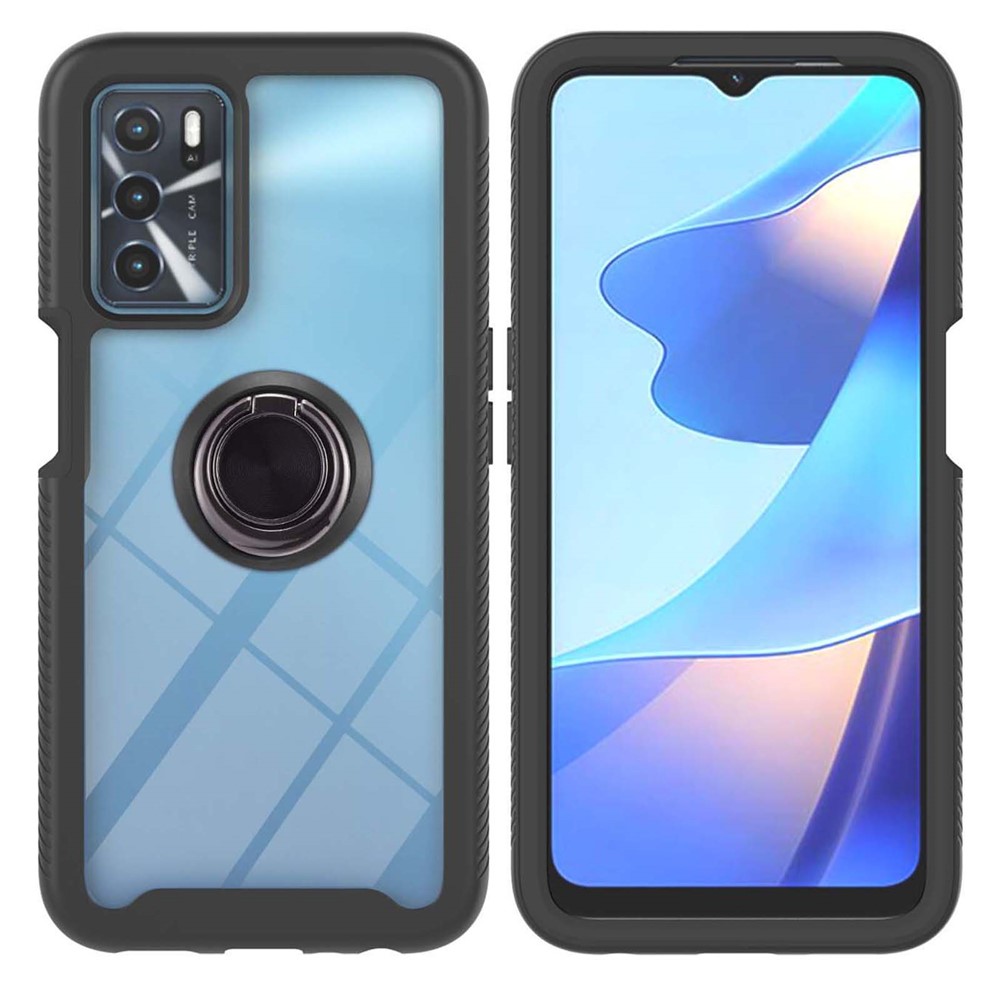 Drop-proof Anti-scratch TPU+PC Phone Case Shell with Rotating Ring Kickstand for Oppo A16/A16s/A54s - Black-4