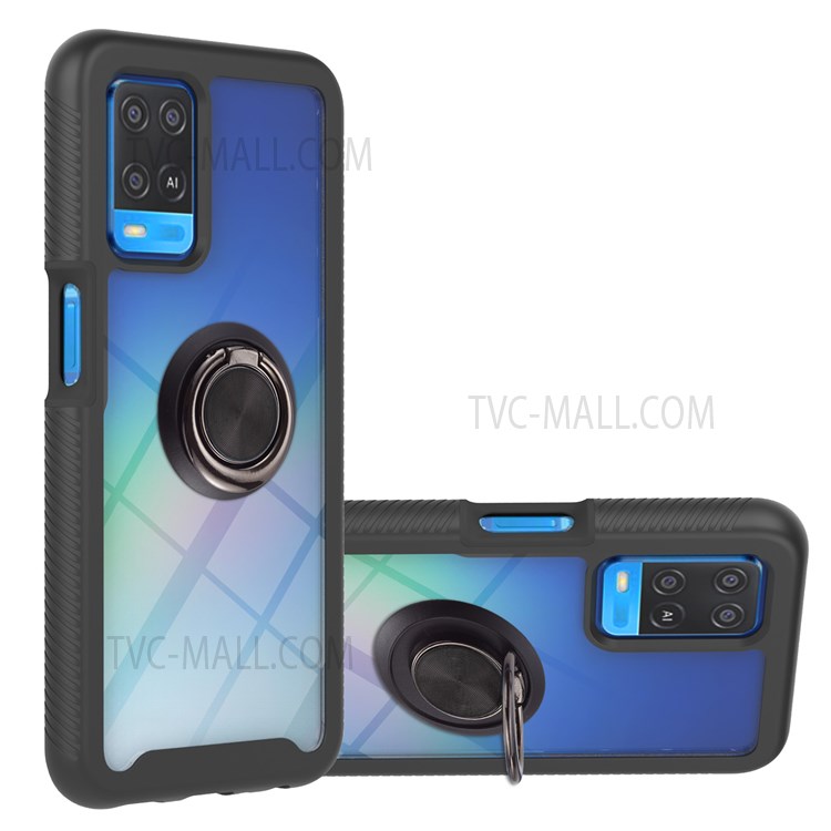 TPU+PC Shockproof Stylish Phone Case Shell with Rotating Ring Kickstand for Oppo A54 4G - Black-1