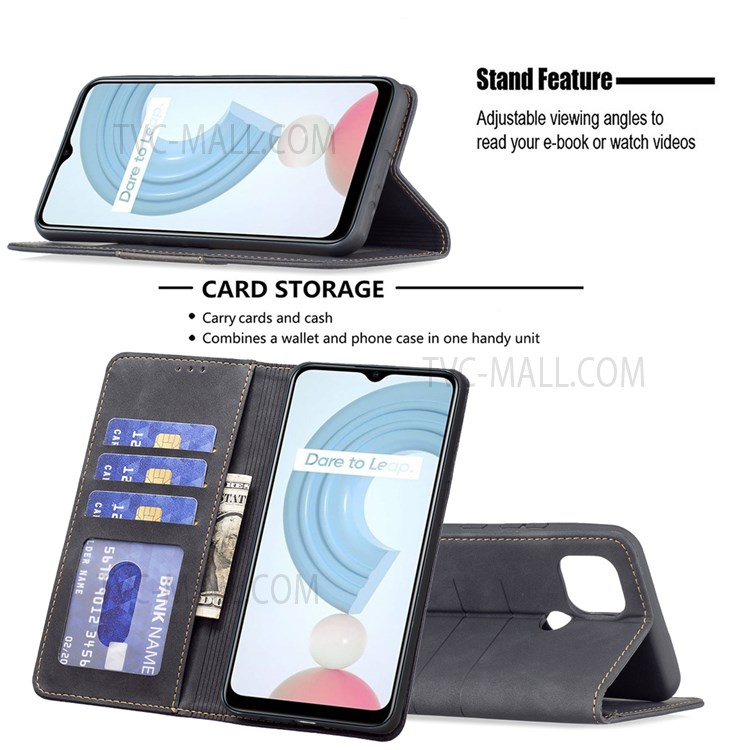 BINFEN COLOR Flip Cover Bi-color Leather Phone Case Fashionable Phone Shell for Realme C21 / C20 - Black-2