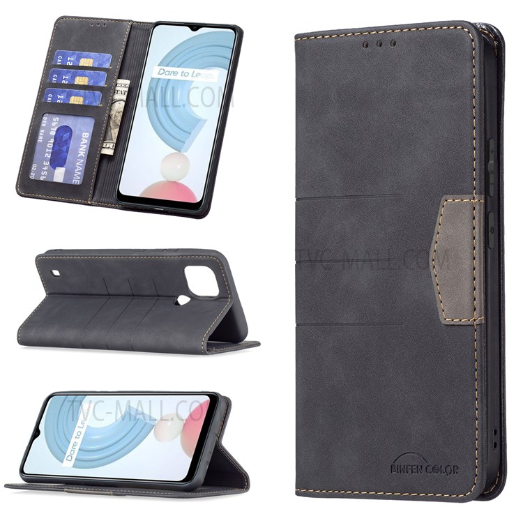 BINFEN COLOR Flip Cover Bi-color Leather Phone Case Fashionable Phone Shell for Realme C21 / C20 - Black-6