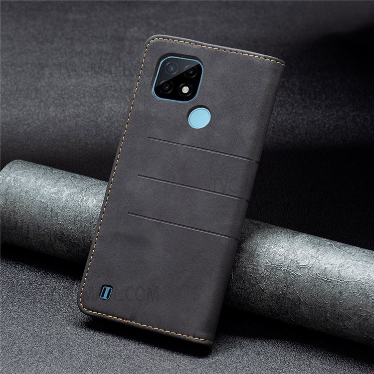 BINFEN COLOR Flip Cover Bi-color Leather Phone Case Fashionable Phone Shell for Realme C21 / C20 - Black-8