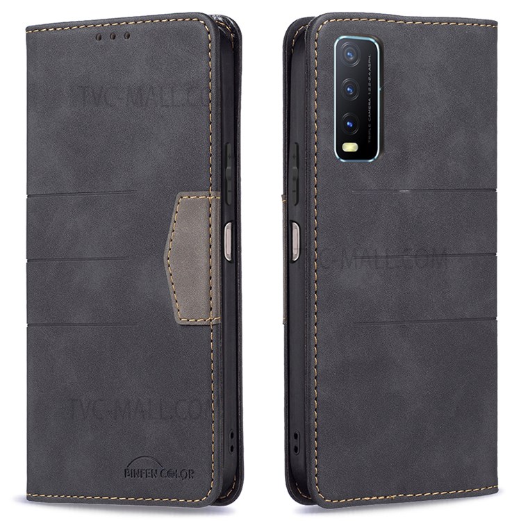 BINFEN COLOR For vivo Y20 Magnetic Bi-color Flip Phone Covering Shell Wallet Stand Leather Phone Protection Case - Black-1