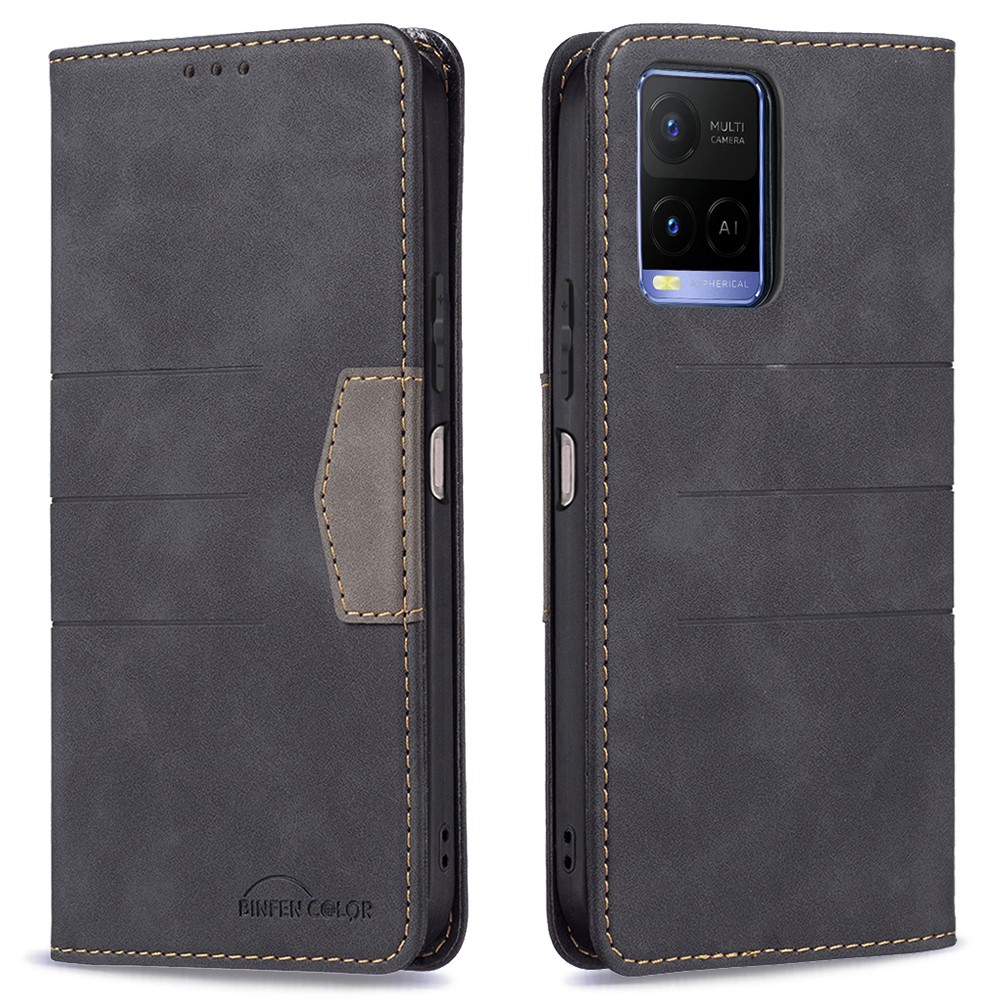 BINFEN COLOR Full Protection Phone Covering Shell Wallet Function Stand Design TPU+PU Leather Phone Case for vivo Y21 / Y21s / Y33s - Black-1
