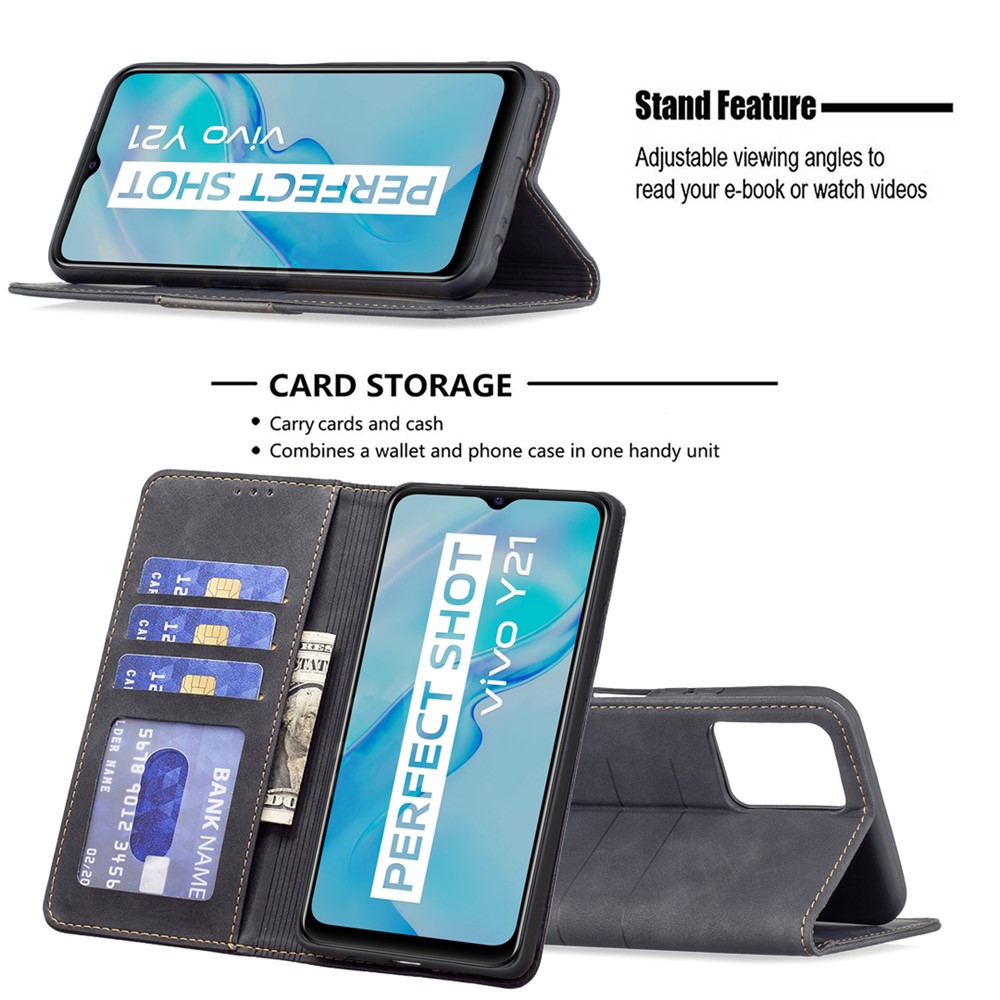 BINFEN COLOR Full Protection Phone Covering Shell Wallet Function Stand Design TPU+PU Leather Phone Case for vivo Y21 / Y21s / Y33s - Black-2