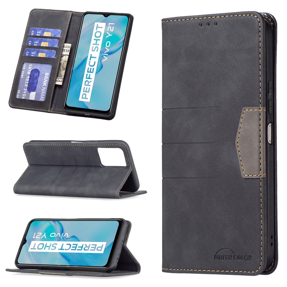 BINFEN COLOR Full Protection Phone Covering Shell Wallet Function Stand Design TPU+PU Leather Phone Case for vivo Y21 / Y21s / Y33s - Black-6