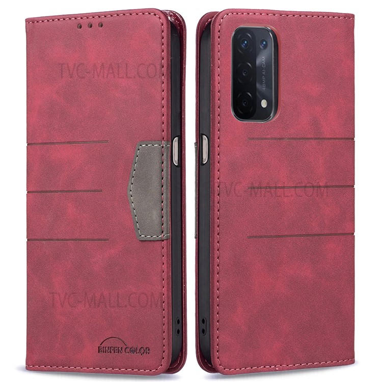 BINFEN COLOR Auto-absorbed Flip Phone Shell Wallet Cover Stand Design PU Leather Phone Case for Oppo A74 5G / A93 5G / A54 5G - Red-1