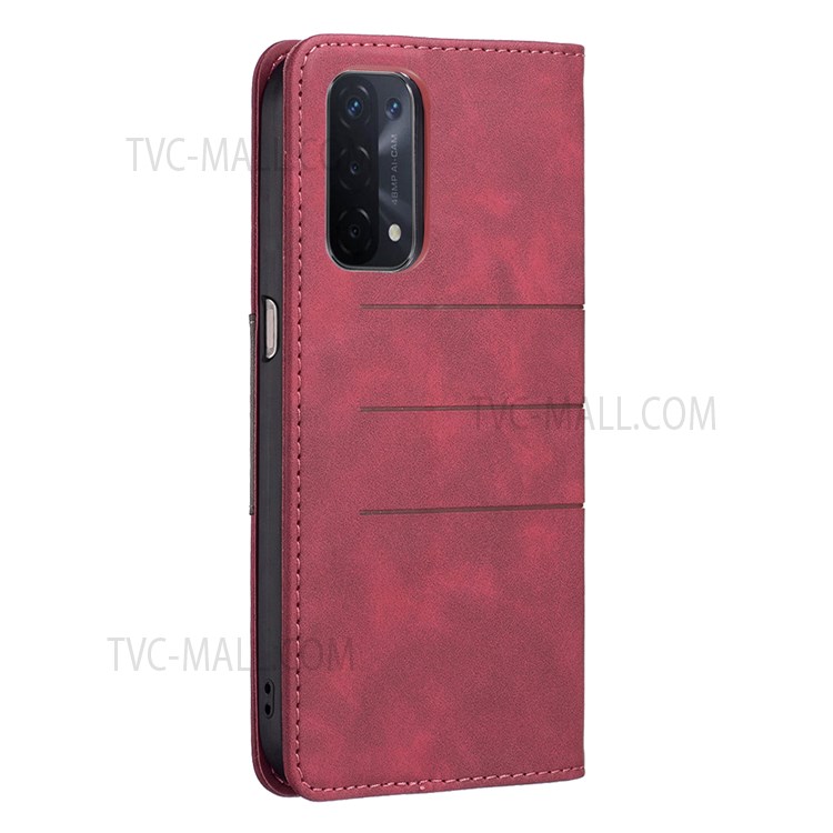 BINFEN COLOR Auto-absorbed Flip Phone Shell Wallet Cover Stand Design PU Leather Phone Case for Oppo A74 5G / A93 5G / A54 5G - Red-5