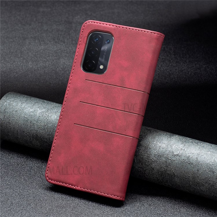 BINFEN COLOR Auto-absorbed Flip Phone Shell Wallet Cover Stand Design PU Leather Phone Case for Oppo A74 5G / A93 5G / A54 5G - Red-7