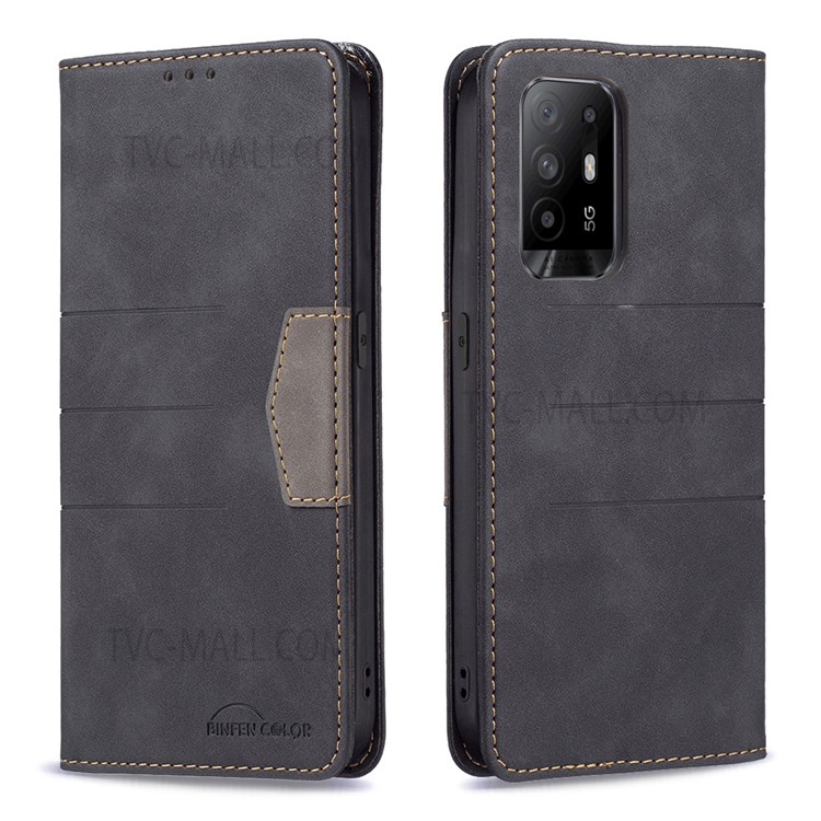BINFEN COLOR Magnetic Mobile Phone Flip Cover Bi-color Leather Phone Case Fashionable Phone Shell for Oppo A94 5G / F19 Pro+ 5G / Reno5 Z - Black-1