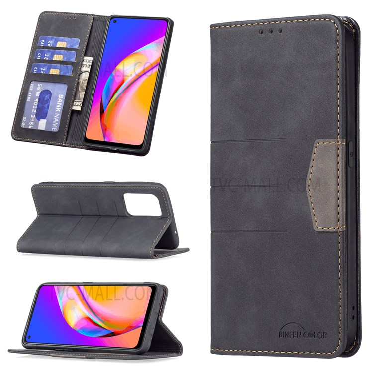 BINFEN COLOR Magnetic Mobile Phone Flip Cover Bi-color Leather Phone Case Fashionable Phone Shell for Oppo A94 5G / F19 Pro+ 5G / Reno5 Z - Black-9