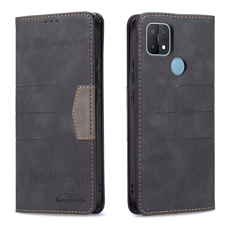BINFEN COLOR Matte Flip Cover Bi-color Leather Phone Case Fashionable Phone Shell for Oppo A15 - Black-1