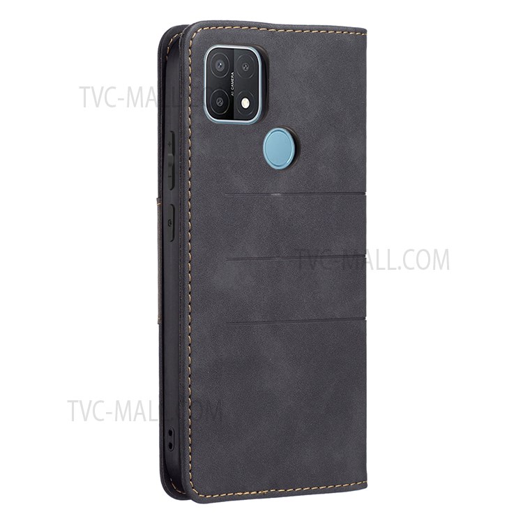 BINFEN COLOR Matte Flip Cover Bi-color Leather Phone Case Fashionable Phone Shell for Oppo A15 - Black-3