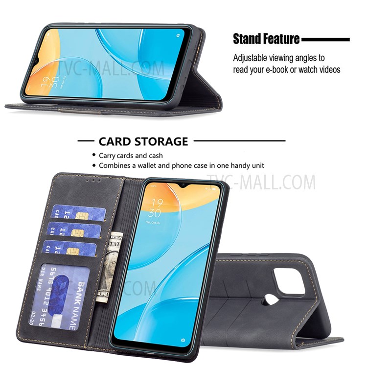 BINFEN COLOR Matte Flip Cover Bi-color Leather Phone Case Fashionable Phone Shell for Oppo A15 - Black-4