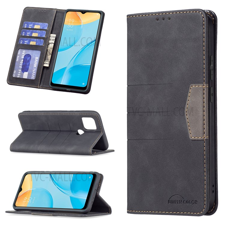 BINFEN COLOR Matte Flip Cover Bi-color Leather Phone Case Fashionable Phone Shell for Oppo A15 - Black-9