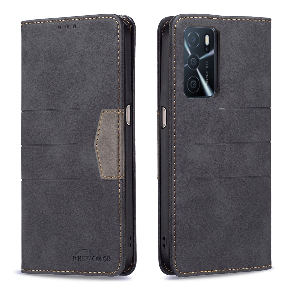 BINFEN COLOR 360-degree Protection Flip Cover Bi-color PU Leather Phone Case Fashionable Phone Shell for Oppo A16 / A16s / A54s / A55 5G / A54 4G - Black-1