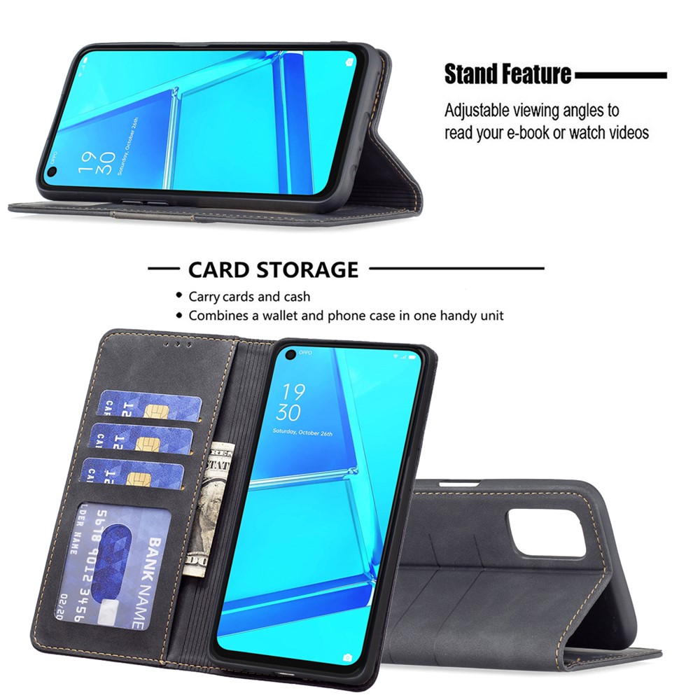 BINFEN COLOR Fashionable Splicing Phone Shell Ultra-strong Magnetic Auto-absorbed Flip Cover Bi-color Leather Phone Case for Oppo A52 / A72 / A92 - Black-4