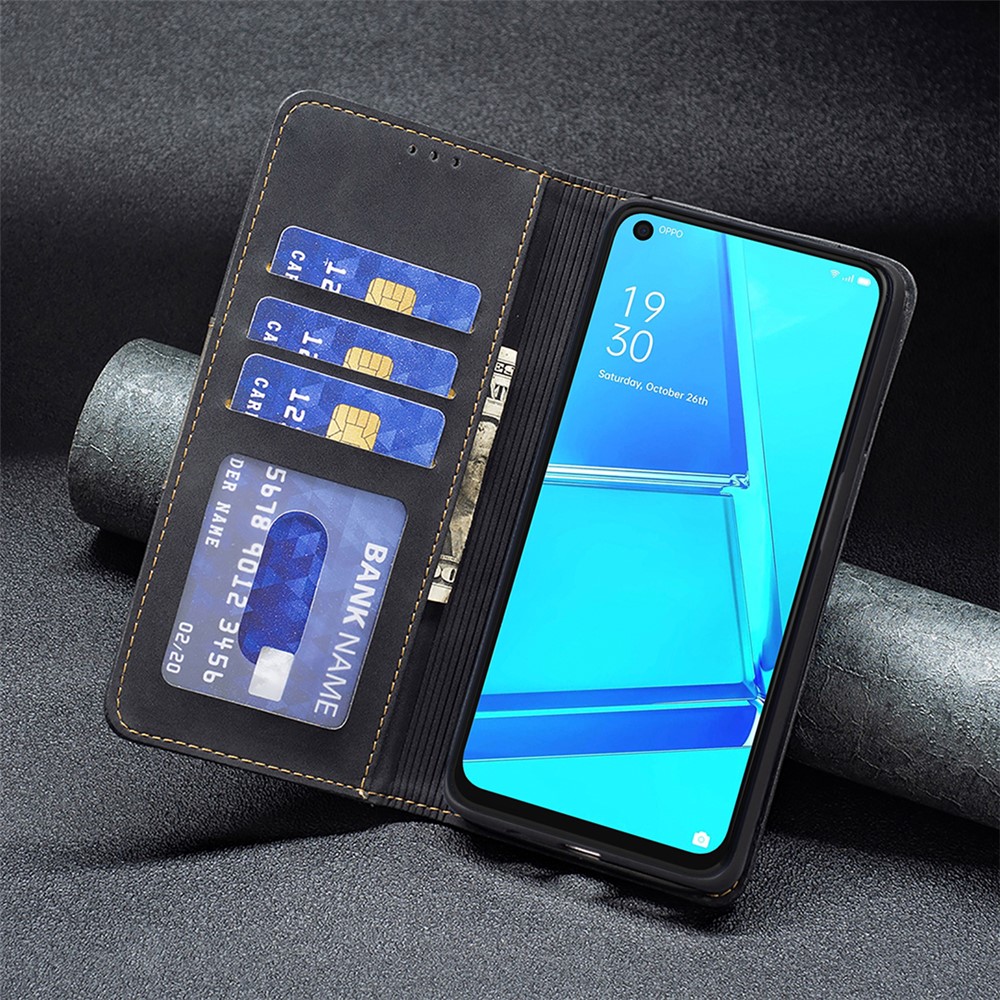 BINFEN COLOR Fashionable Splicing Phone Shell Ultra-strong Magnetic Auto-absorbed Flip Cover Bi-color Leather Phone Case for Oppo A52 / A72 / A92 - Black-8