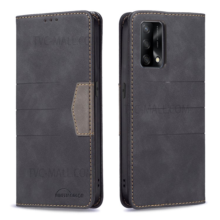 BINFEN COLOR Flip Cover Bi-color Leather Phone Case Fashionable Phone Shell for Oppo A74 4G / Oppo F19 - Black-1