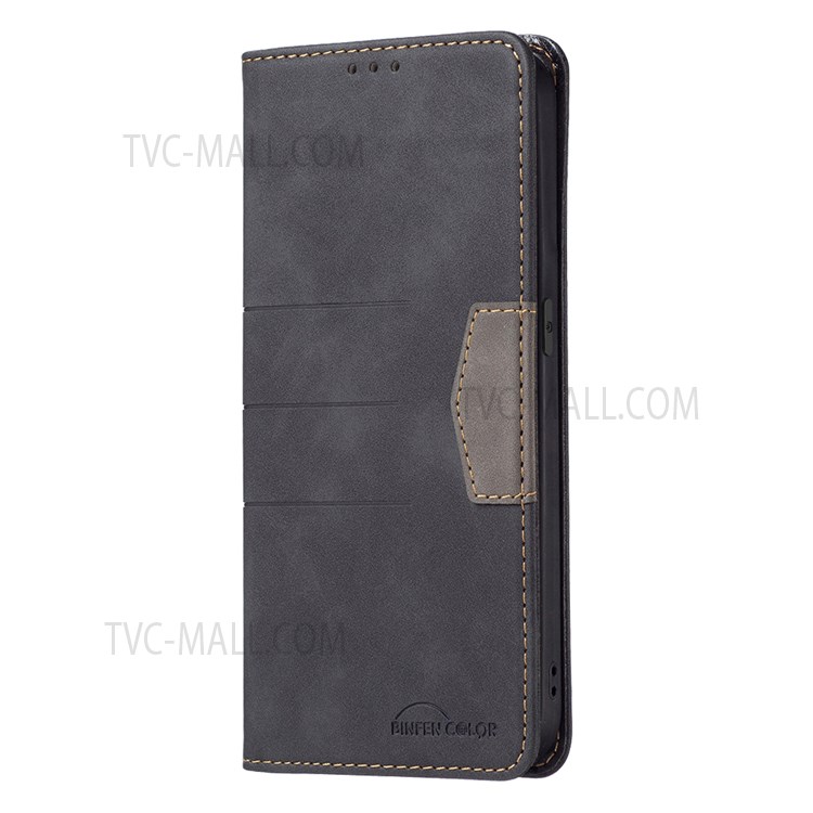 BINFEN COLOR Flip Cover Bi-color Leather Phone Case Fashionable Phone Shell for Oppo A74 4G / Oppo F19 - Black-2