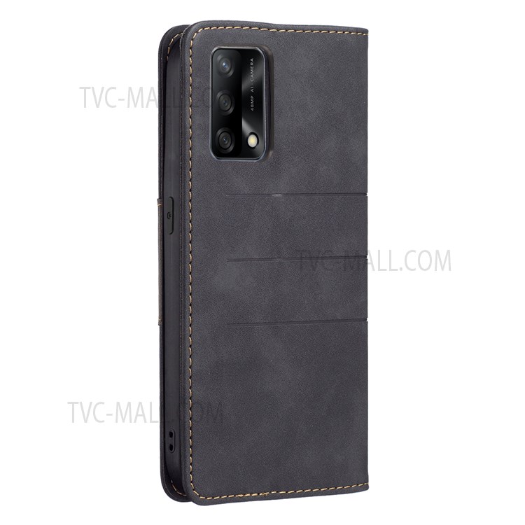 BINFEN COLOR Flip Cover Bi-color Leather Phone Case Fashionable Phone Shell for Oppo A74 4G / Oppo F19 - Black-3