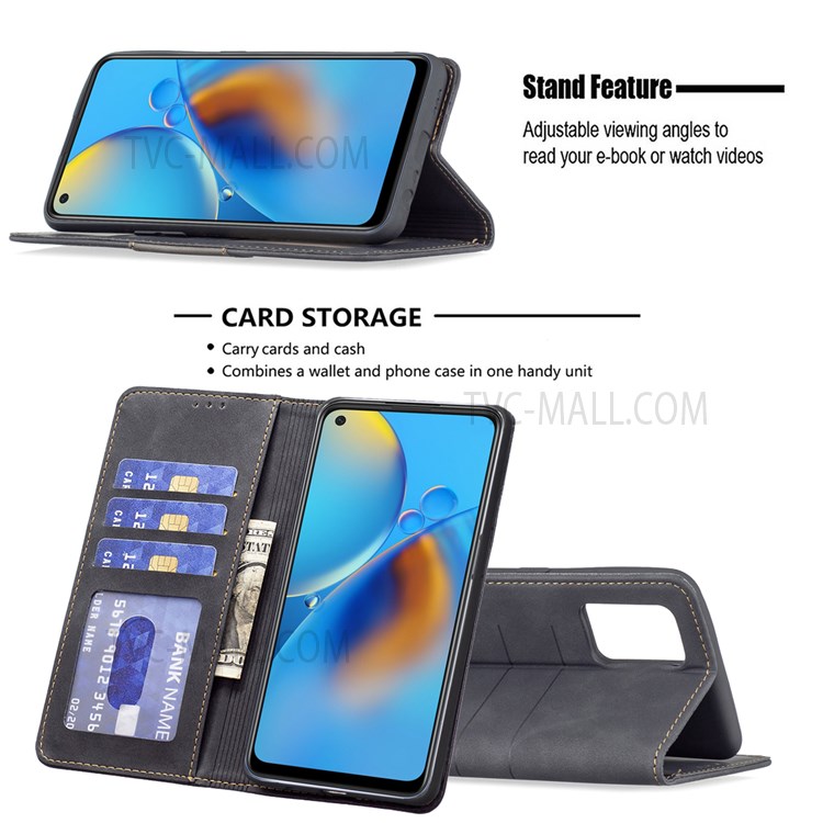 BINFEN COLOR Flip Cover Bi-color Leather Phone Case Fashionable Phone Shell for Oppo A74 4G / Oppo F19 - Black-4