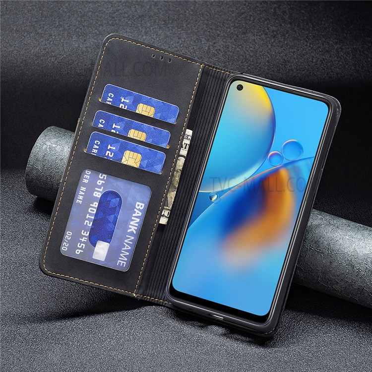 BINFEN COLOR Flip Cover Bi-color Leather Phone Case Fashionable Phone Shell for Oppo A74 4G / Oppo F19 - Black-8