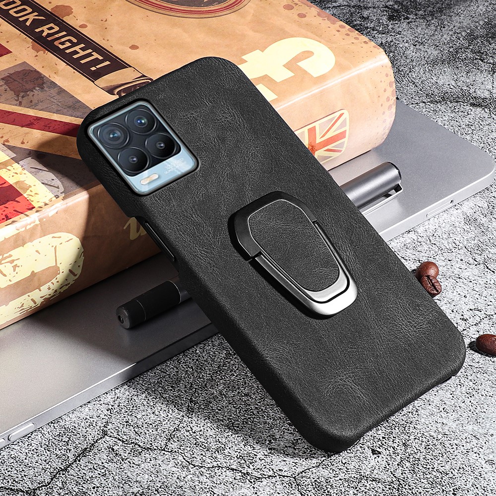 Incomplete Covering Textured PU Leather Coated PC Back Protective Case with Kickstand for Realme 8/8 Pro - Black-6