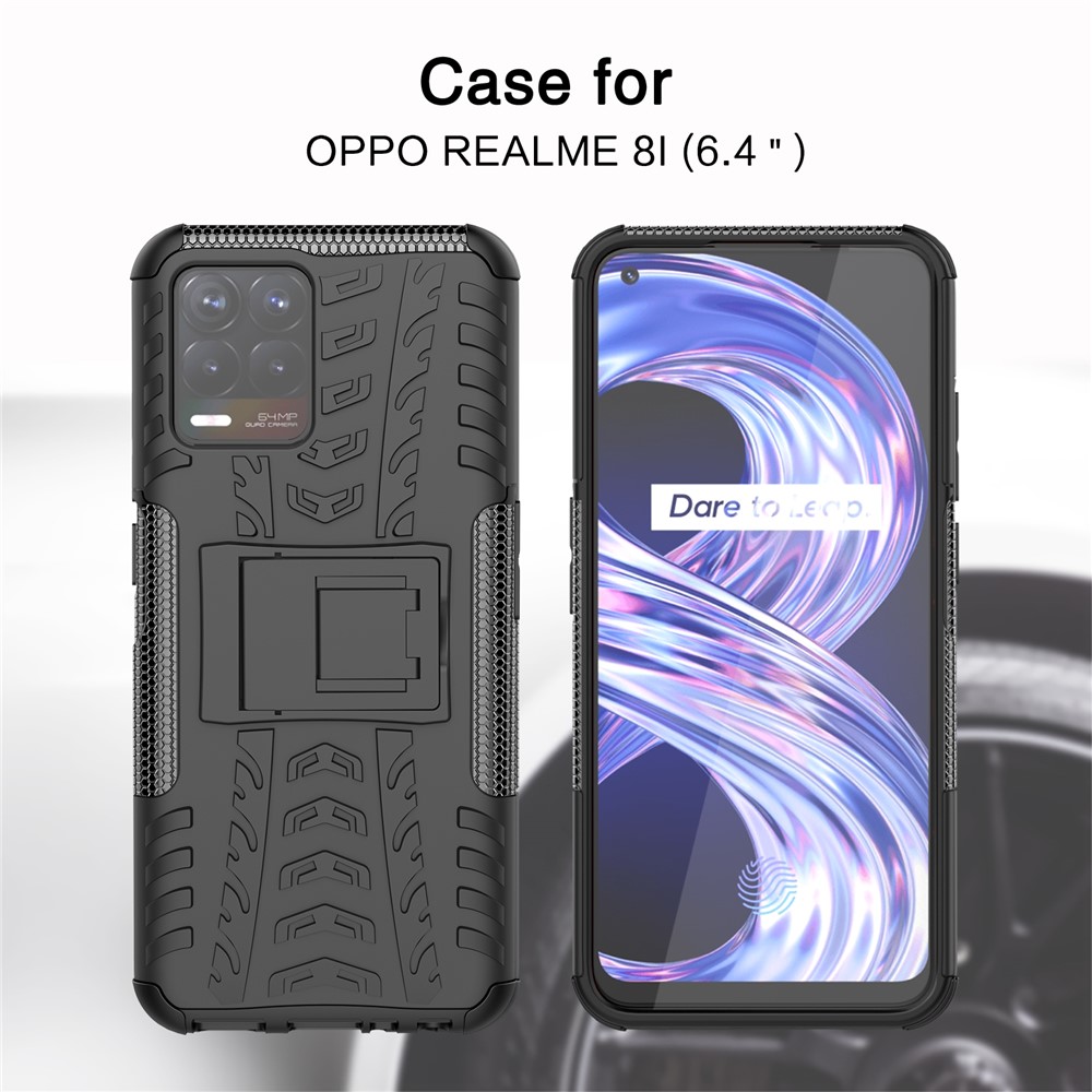 2 in 1 Tire Texture Shock-Absorption Phone Case Hard PC + TPU Protective Cover with Kickstand for Realme 8i - Red-3