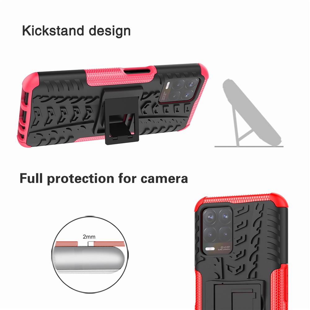 2 in 1 Tire Texture Shock-Absorption Phone Case Hard PC + TPU Protective Cover with Kickstand for Realme 8i - Red-6