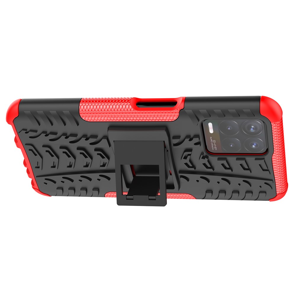 2 in 1 Tire Texture Shock-Absorption Phone Case Hard PC + TPU Protective Cover with Kickstand for Realme 8i - Red-8