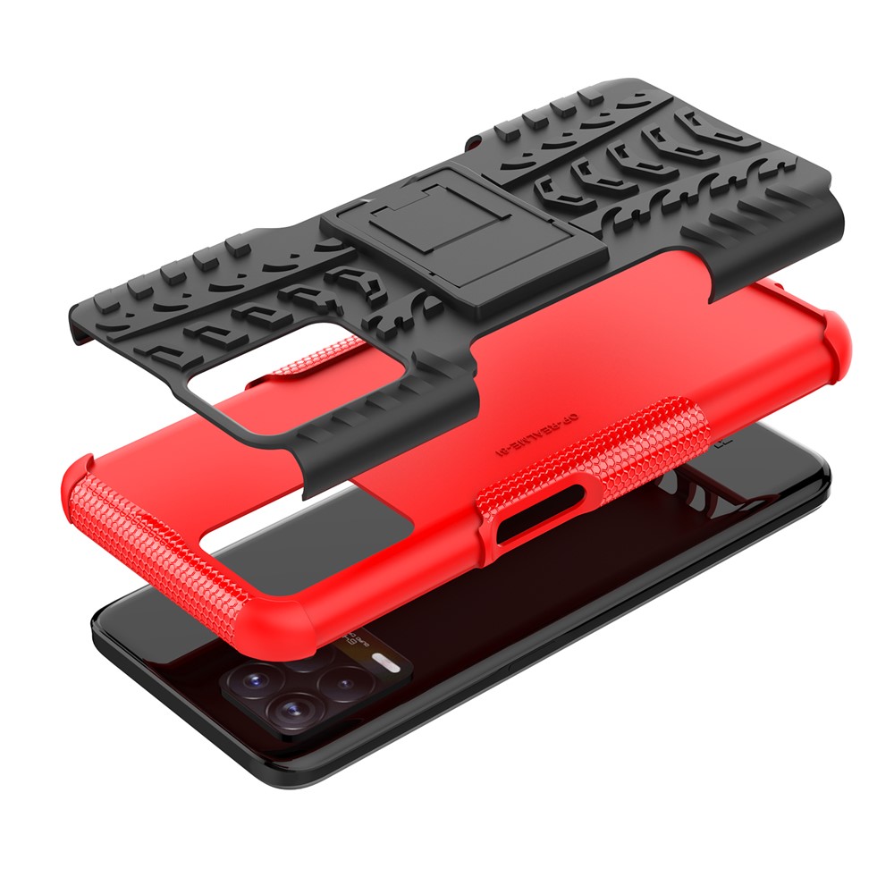 2 in 1 Tire Texture Shock-Absorption Phone Case Hard PC + TPU Protective Cover with Kickstand for Realme 8i - Red-9