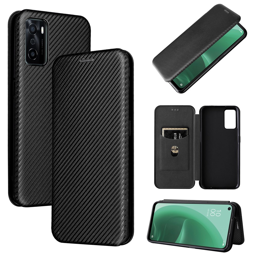 Carbon Fiber Texture PU Leather Foldable Stand Phone Case Magnetic Auto Closing Cover with Card Slot for Oppo A55s 5G (CPH2309) - Black-11