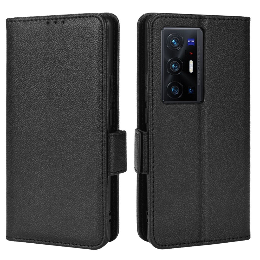 Anti-fall Side Double Magnetic Clasp Litchi Texture PU Leather Phone Cover Horizontal Stand Wallet Case for vivo X70 Pro+ - Black-1