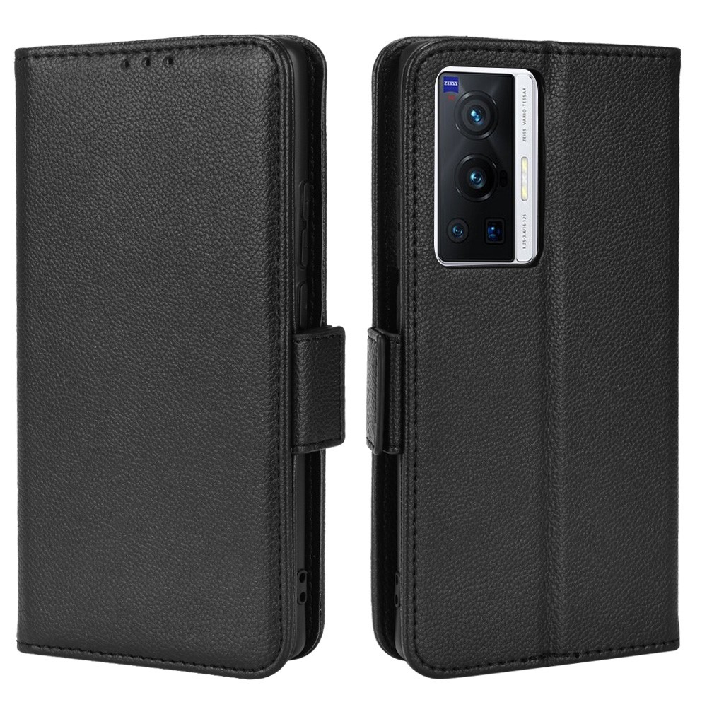Side Double Magnetic Clasp Litchi Texture PU Leather Phone Cover Horizontal Stand Wallet Case for vivo X70 Pro - Black-1