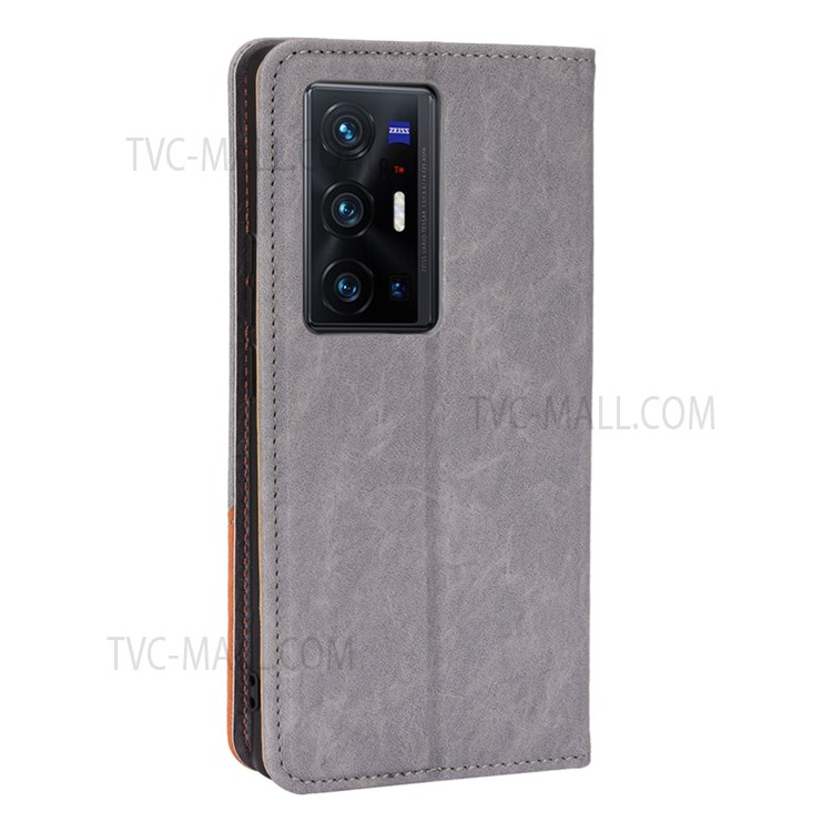 Auto-absorbed Magnetic Color Splicing Design PU Leather Phone Protective Case Wallet Stand Cover for vivo X70 Pro+ - Grey-3