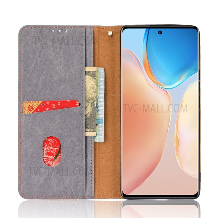 Auto-absorbed Magnetic Color Splicing Design PU Leather Phone Protective Case Wallet Stand Cover for vivo X70 Pro+ - Grey-4