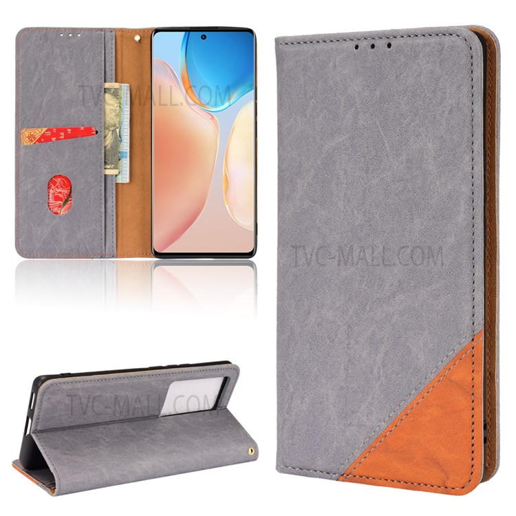 Auto-absorbed Magnetic Color Splicing Design PU Leather Phone Protective Case Wallet Stand Cover for vivo X70 Pro+ - Grey-7