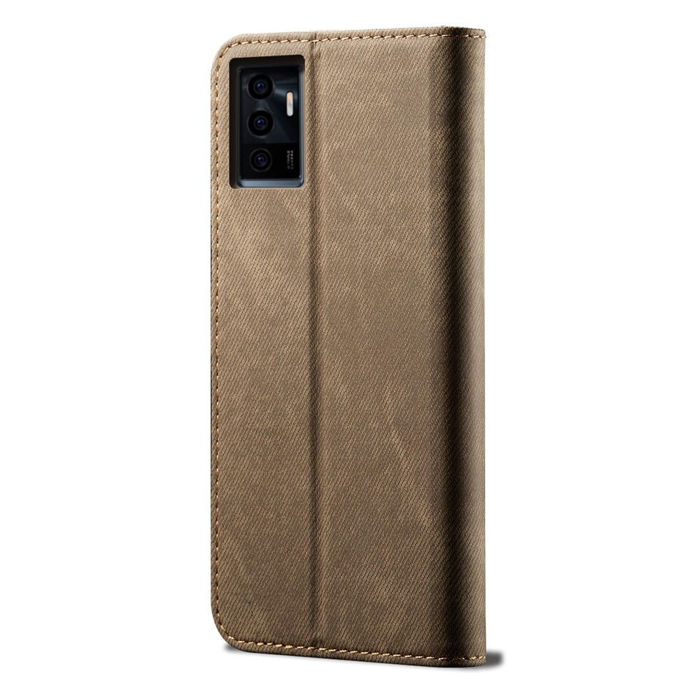 Scratch-resistant Jeans Cloth Texture PU Leather Flip Case Wallet Stand TPU Inner Shell Phone Cover for vivo V23e 4G/5G / S10e - Khaki-3