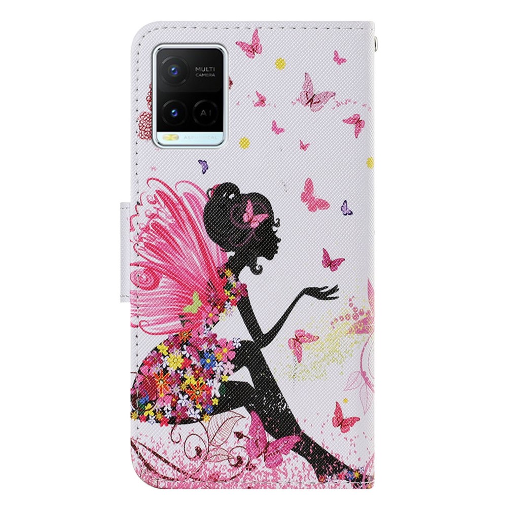 Magnetic Clasp Stylish Pattern Printing Cross Texture Anti-fall Leather Wallet Cover Stand Case with Strap for vivo Y21/Y21s/Y33s - Beautiful Girl-3