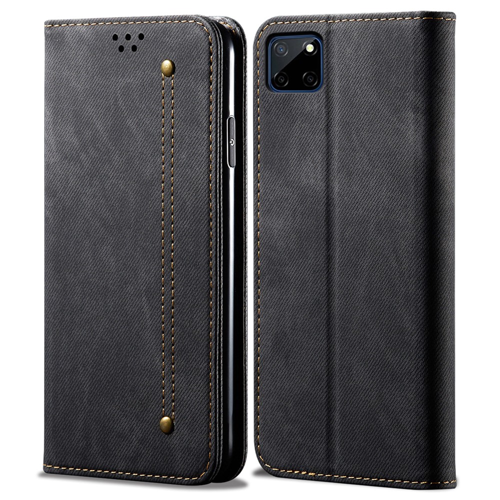 Jeans Cloth Texture Well-protected PU Leather Flip Case Wallet Stand TPU Inner Shell Phone Cover for Realme C21Y/C25Y - Black-1