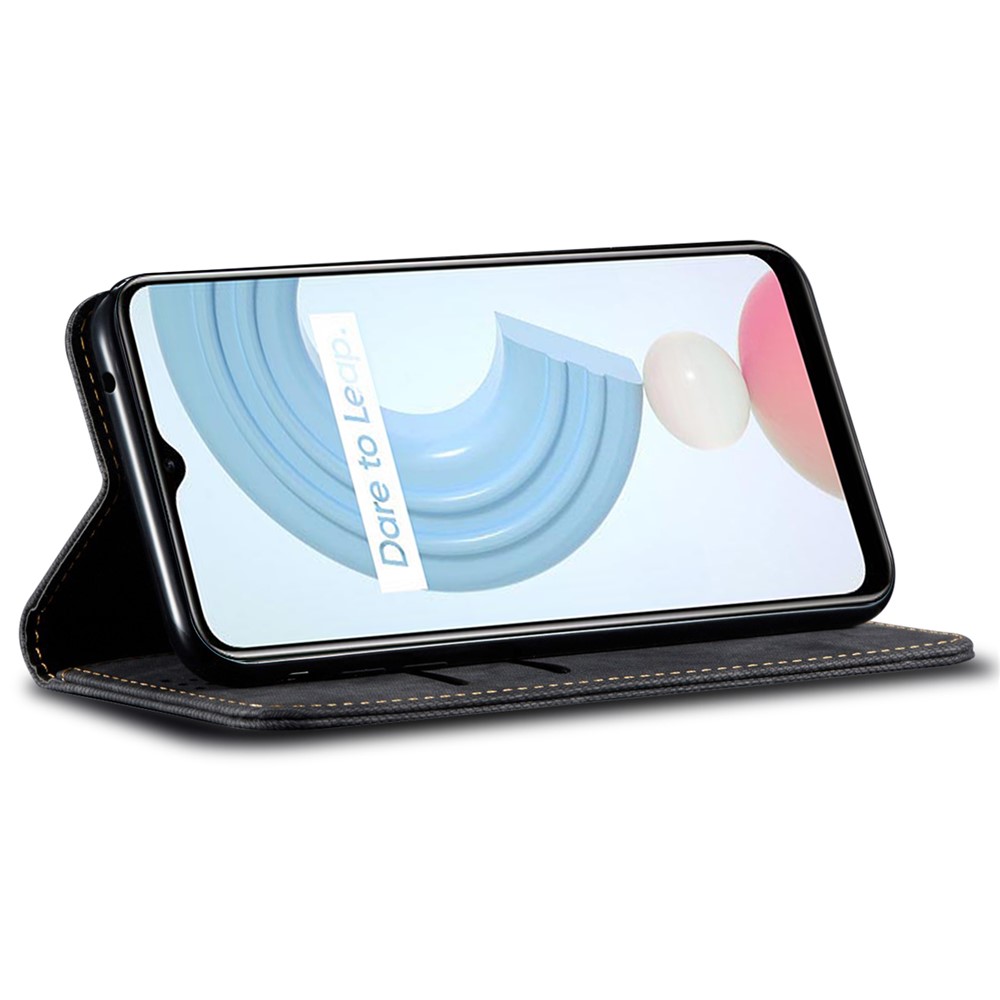 Jeans Cloth Texture Well-protected PU Leather Flip Case Wallet Stand TPU Inner Shell Phone Cover for Realme C21Y/C25Y - Black-4