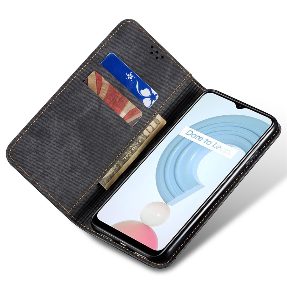 Jeans Cloth Texture Well-protected PU Leather Flip Case Wallet Stand TPU Inner Shell Phone Cover for Realme C21Y/C25Y - Black-5