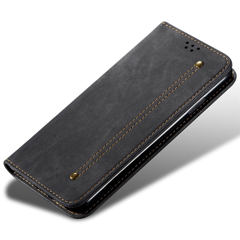 Jeans Cloth Texture Well-protected PU Leather Flip Case Wallet Stand TPU Inner Shell Phone Cover for Realme C21Y/C25Y - Black-6