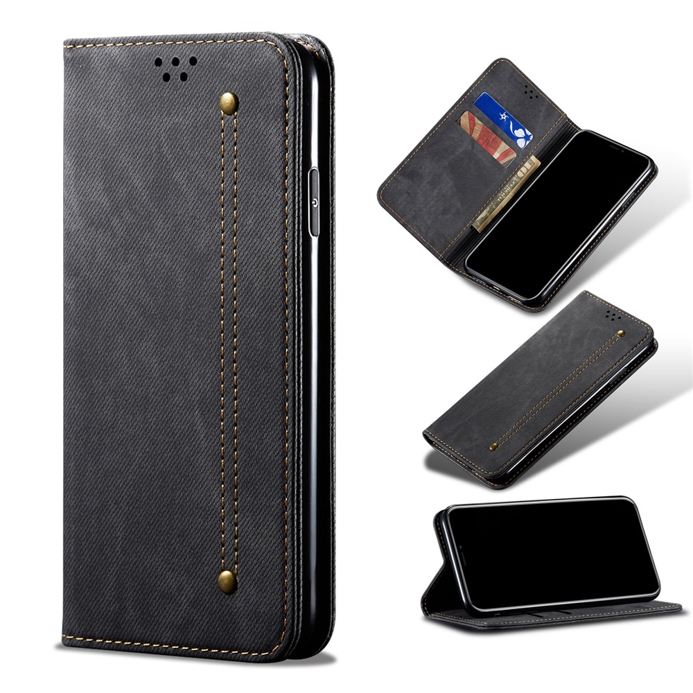 Jeans Cloth Texture Well-protected PU Leather Flip Case Wallet Stand TPU Inner Shell Phone Cover for Realme C21Y/C25Y - Black-7