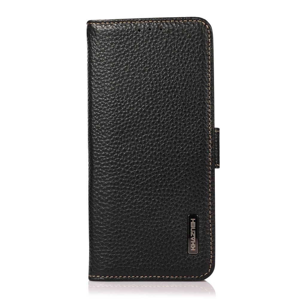 KHAZNEH RFID Blocking Wallet Phone Case Litchi Texture Top Layer Genuine Leather Stand Cover for Oppo Reno7 5G - Black-2