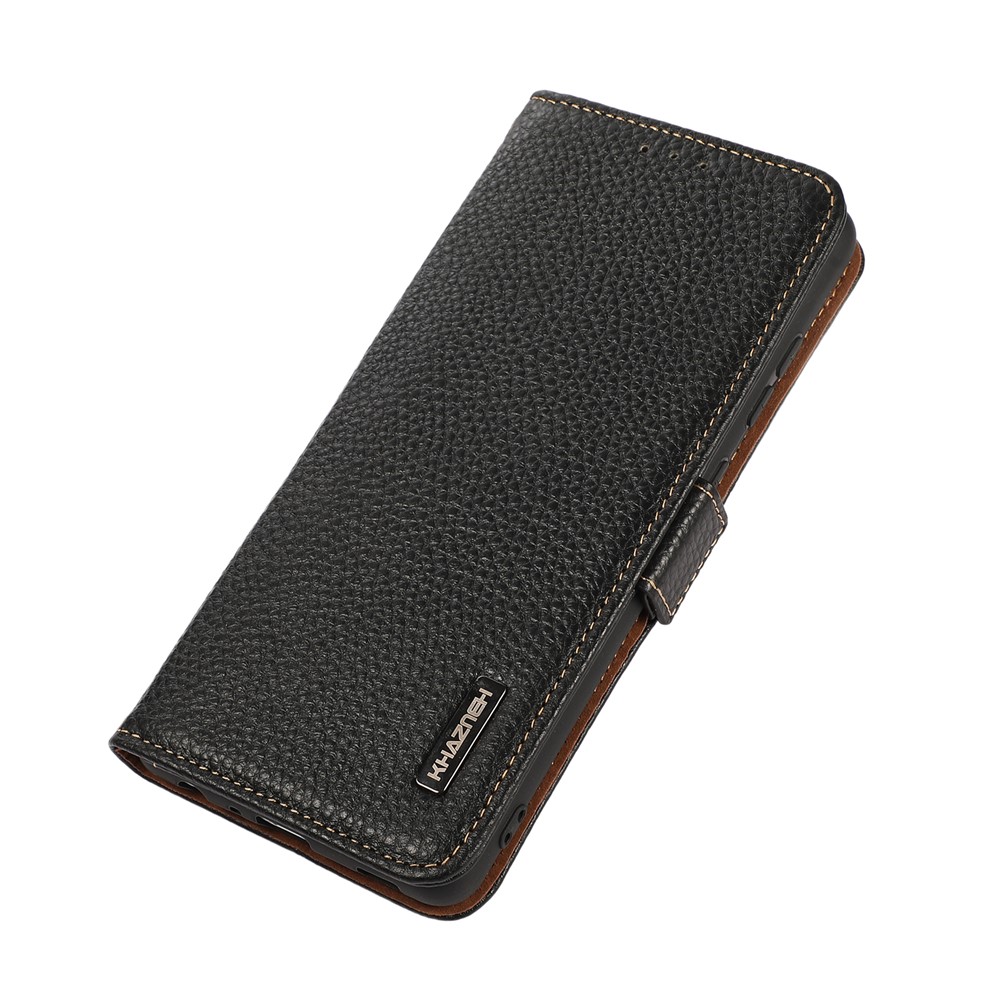KHAZNEH RFID Blocking Wallet Phone Case Litchi Texture Top Layer Genuine Leather Stand Cover for Oppo Reno7 5G - Black-6