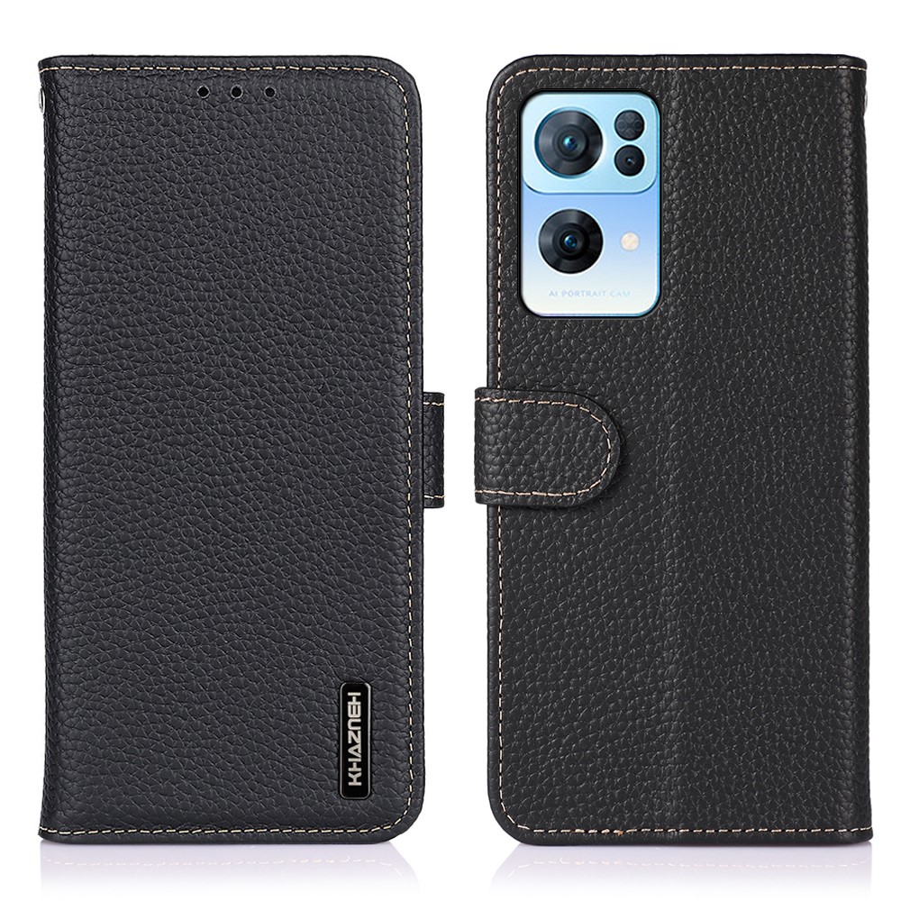 KHAZNEH Flip Folio Wallet Cover Litchi Texture Top Layer Genuine Leather Phone Case with Stand for Oppo Reno7 Pro 5G - Black-1