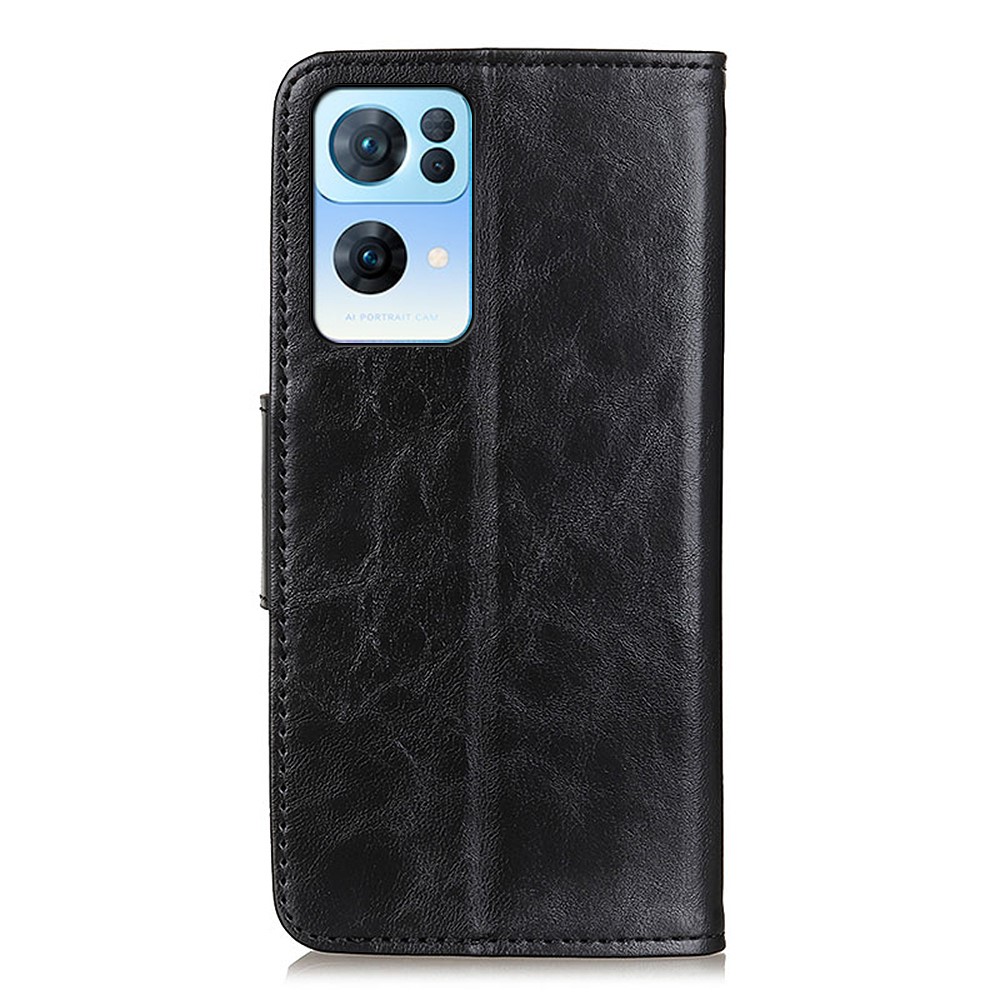 Shock-proof Crazy Horse Texture Wallet Design Split Leather + TPU Phone Cover Stand Case for Oppo Reno7 Pro 5G - Black-3